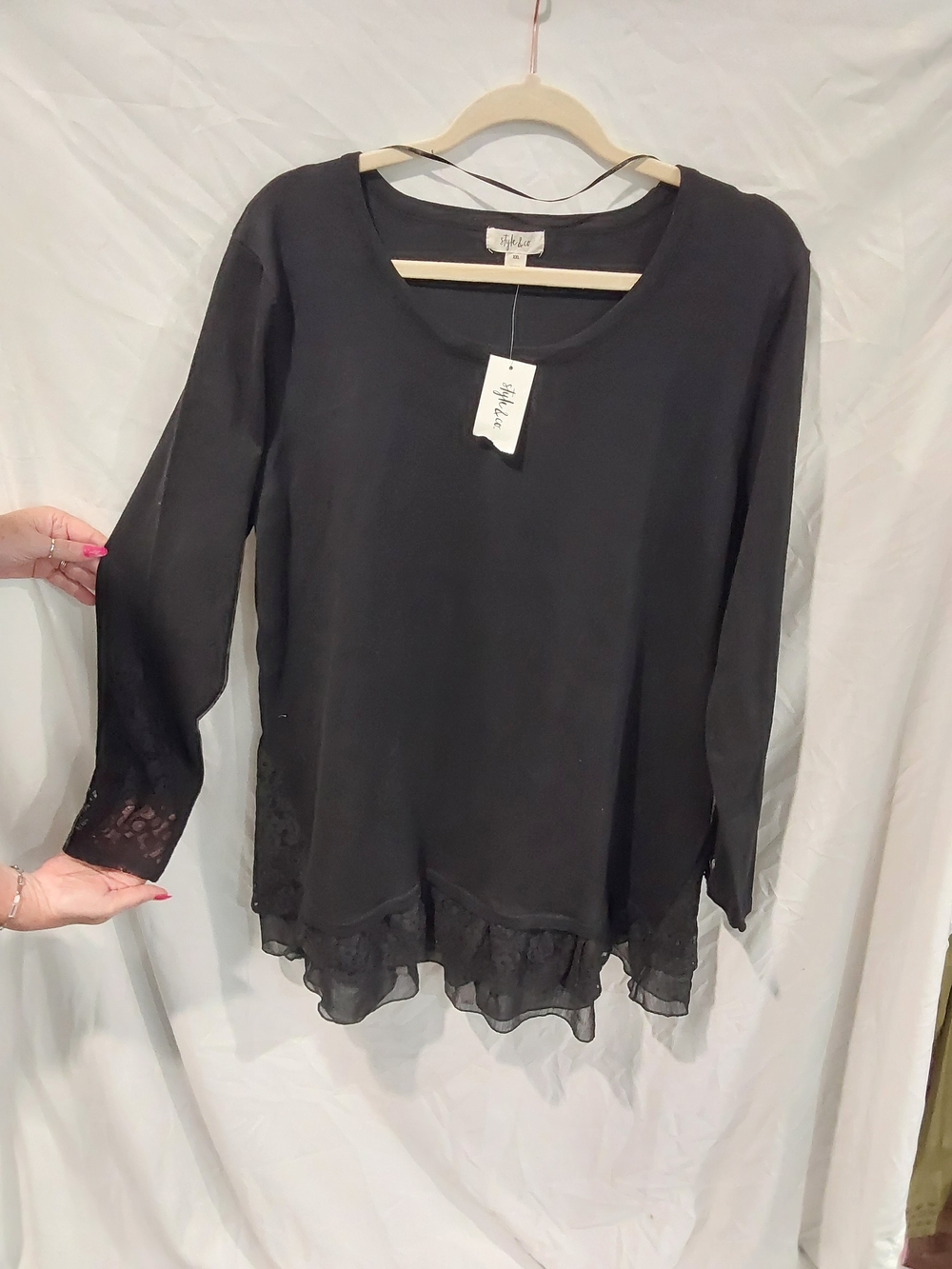 Style & Co. Black Lace-Hem Long Sleeve Blouse